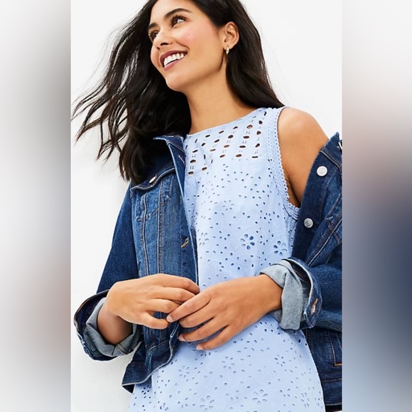 LOFT Light Blue Eyelet Shift Dress - Picture 2 of 15